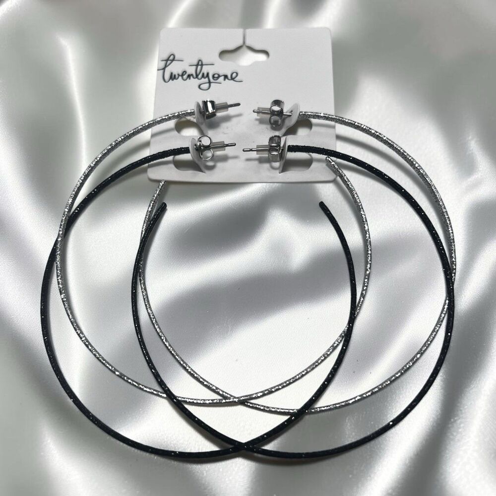 Fashion Earrings Hoops 2 Pair Silver & Black Metallic Stud Twenty One